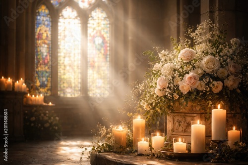 Serene church interior showcasing candle and floral composition near stained glass with soft sunlight copy space