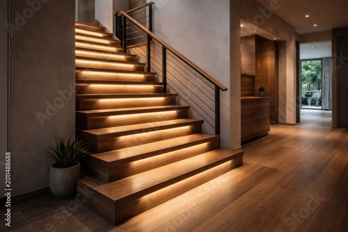 Wooden stairs in a contemporary house with built in stairway lighting for illumination and hazard prevention