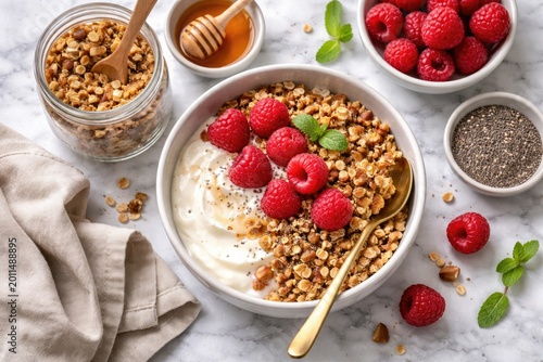 Healthy breakfast flat lay displaying granola with fresh raspberries and Greek yogurt atop marble table