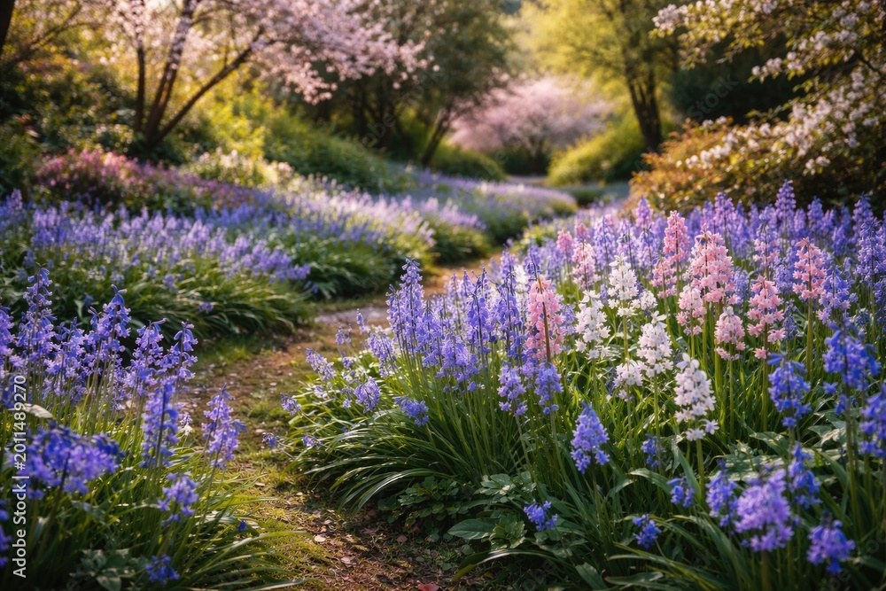 Obraz premium Springtime garden bursting with lush bluebells alongside Spanish bluebells
