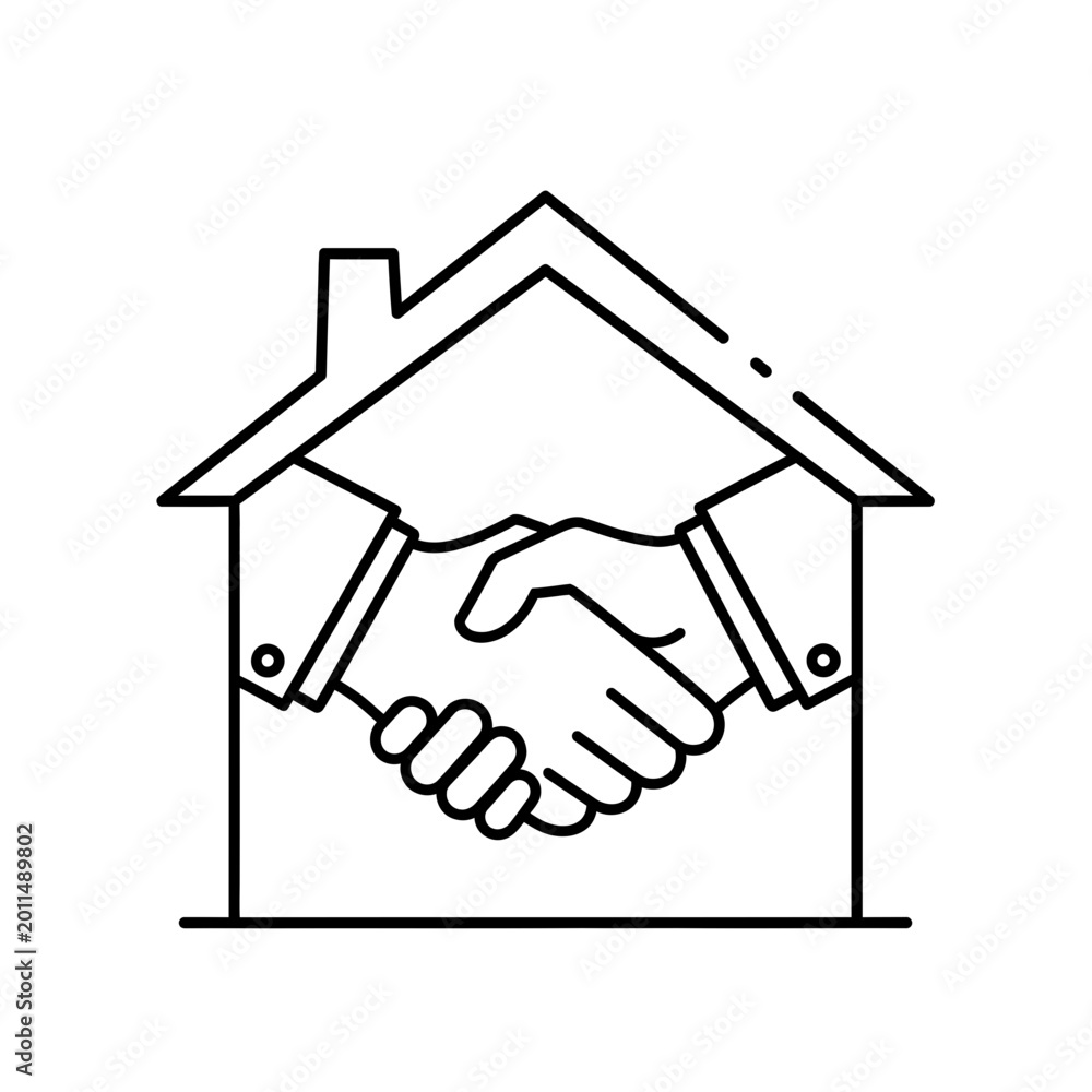 Naklejka premium Real estate deal icon with handshake inside house in flat line vector illustration on white background