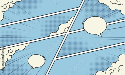 Blank comic book page template with speech bubbles and clouds on blue background