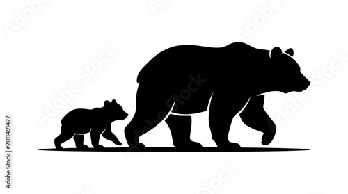 Mother bear with cub walking in nature silhouette