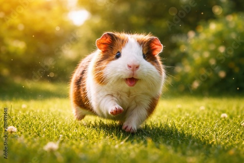 Cheerful guinea pig running across green grass lawn full length on sunny summer day