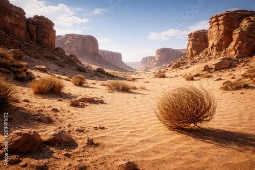 Animation ready natural desert setting with rocks and drifting tumbleweed elements