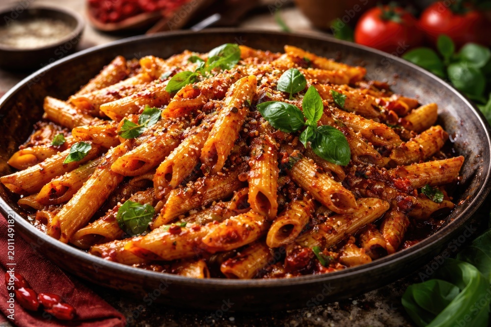 Fototapeta premium Appetizing rustic Italian penne smothered in spicy sauce