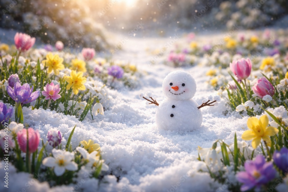 Obraz premium Snowy meadow with a tiny snowman and colorful spring blooms