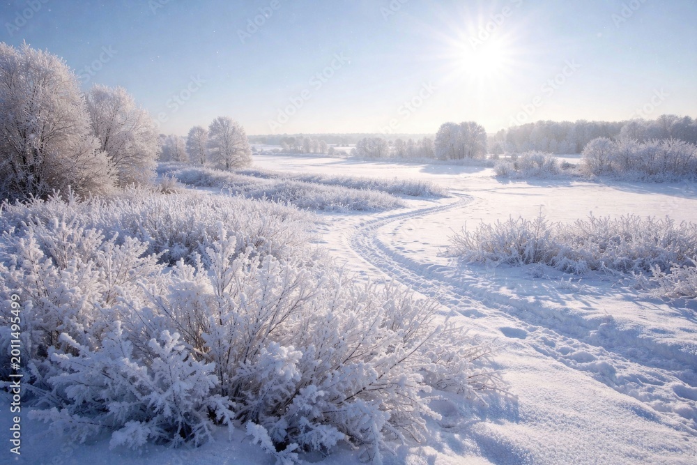 Obraz premium Snow covered fields and frosty bushes under bright winter sunlight
