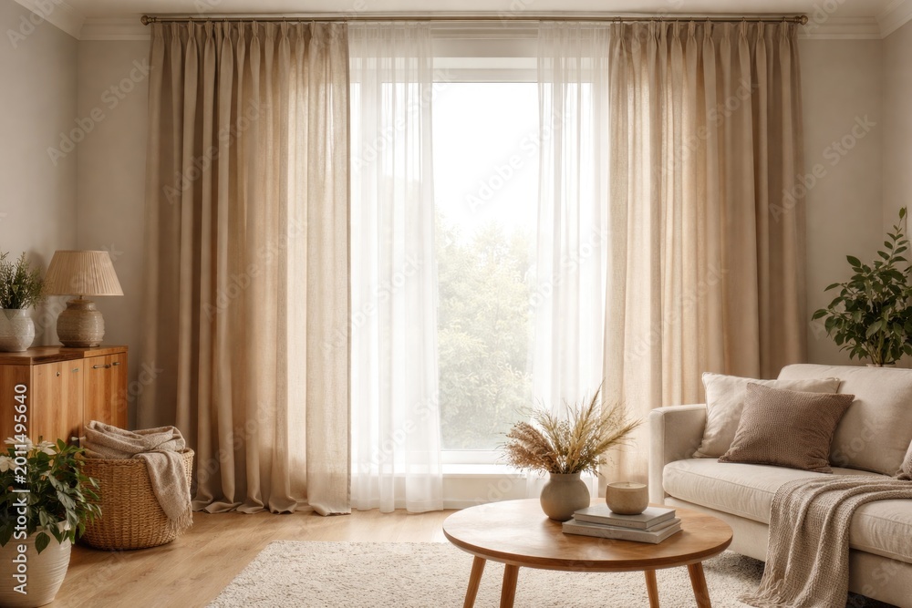 Fototapeta premium room interior with textile curtains and copy space for design
