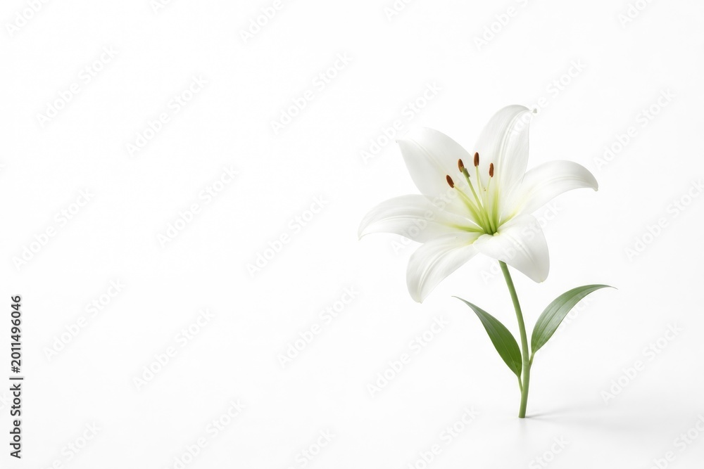 Naklejka premium Minimalist white background featuring one delicate lily flower and copy space