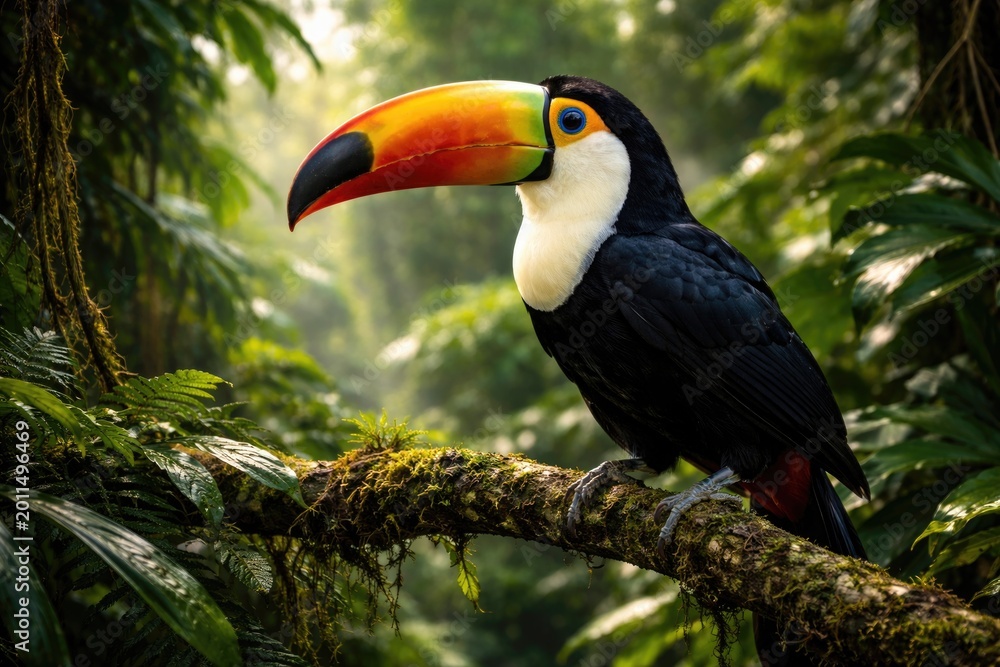 Fototapeta premium exotic toucan bird perched amidst dense foliage in vibrant forest environment