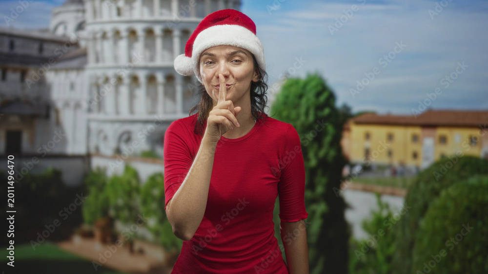 Naklejka premium Woman in santa hat finger to lips for silence in piazza by the leaning tower wearing red shirt and smiling; playful holiday cheer.