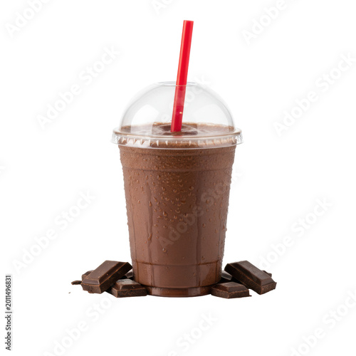 Rich, dark chocolate milkshake in a clear plastic cup with heavy condensation, red straw, and scattered dark chocolate shards on a white background with reflection. High-end beverage advertising