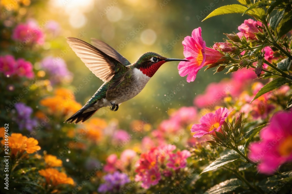 Fototapeta premium Playful hummingbird extracting nectar from lush garden blossoms
