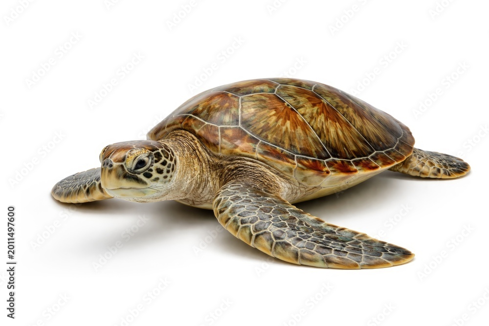 Obraz premium Single green turtle shown on a smooth white background