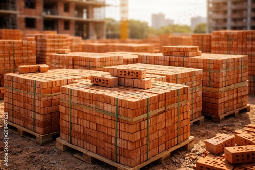 Red ceramic bricks neatly piled for structural building and housing developments
