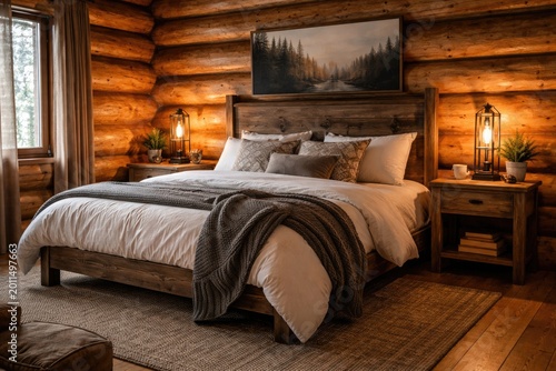 Wooden side tables and double bed in a natural log cabin bedroom setting