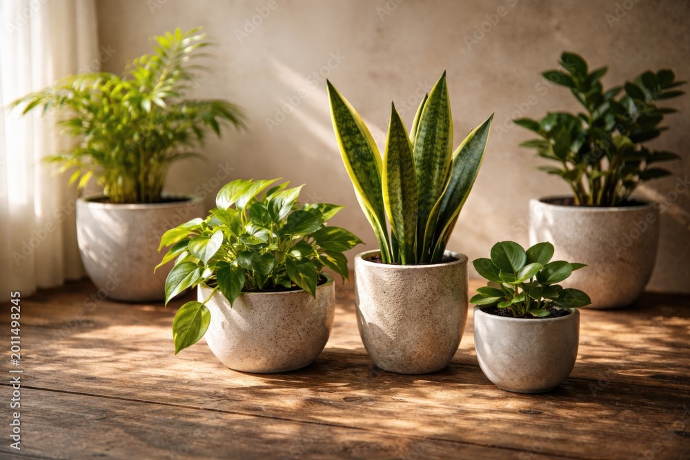 Fototapeta premium Ceramic pots featuring healthy green plants highlighted by natural sunlight on textured wood with copy space