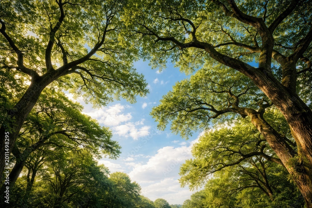 Fototapeta premium Trees with sprawling branches merging into a peaceful blue sky backdrop