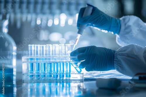 Close up of a researcher using a pipette to transfer liquid into glass test tubes in a modern medical lab, representing pharmacy research, biotechnology development and clinical science analysis.
