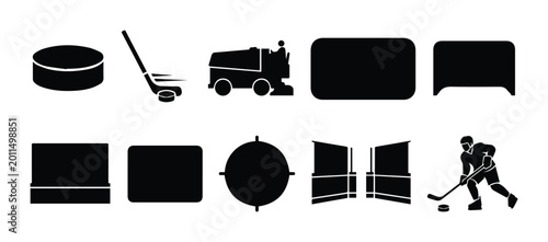 Canvas Print Ice hockey equipment icons set, black silhouette sports symbols with puck and st