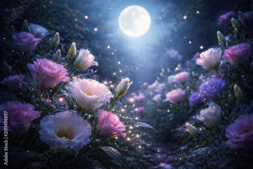 Magical night garden scene with dreamy Eustoma flowers and soft moonlight on floral backdrop