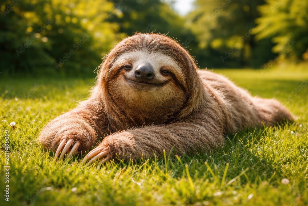 Fototapeta premium Delighted pet sloth resting on dense green grass lawn in bright summer full length scene