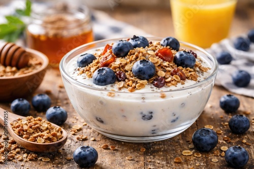 Morning energy boost with yogurt base, blueberry accents, granola sprinkle, and dried fruit blend