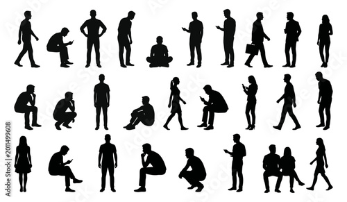 Foto Casual people silhouettes standing and sitting in various poses | diverse group