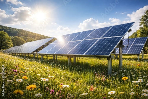 Solar energy system fixed on metal support in flourishing grassy meadow