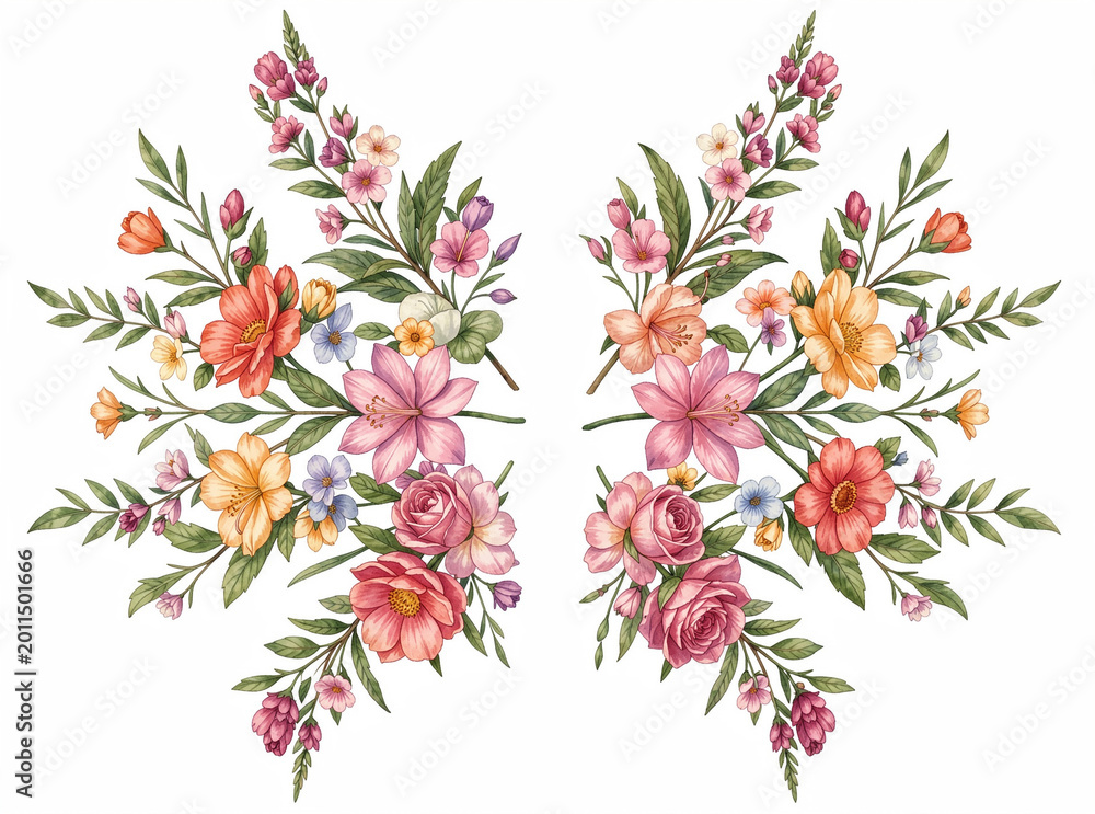 Fototapeta premium Soft pink and peach blossoms cluster symmetrically. Green leaves frame delicate petals with natural curves. Tiny buds and open blooms add texture and depth