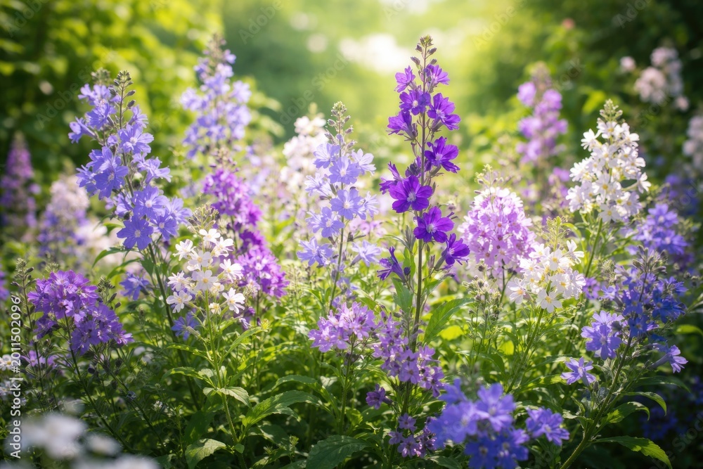 Obraz premium Purple blue and white flowers thriving on a sunny day with rich green backdrop