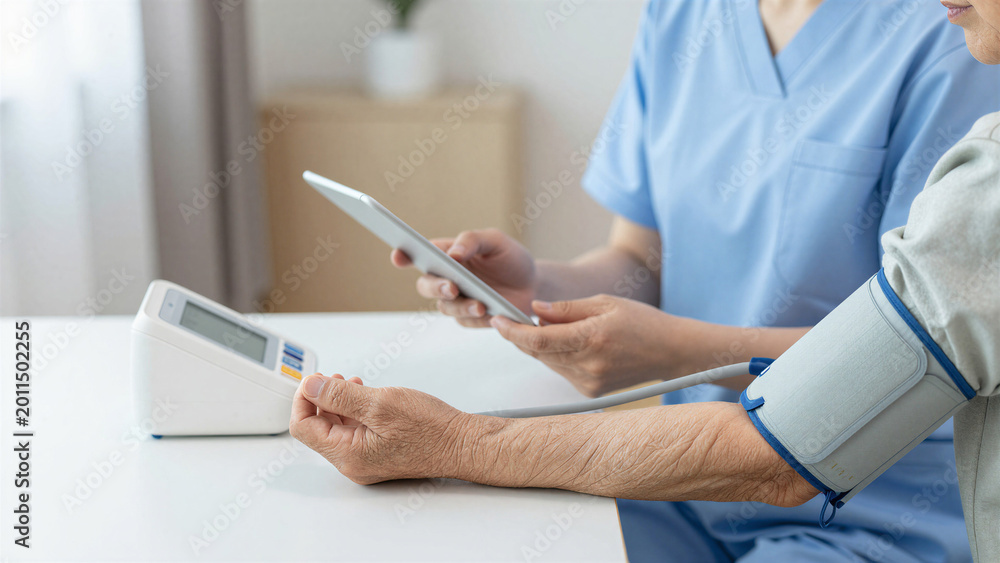 Fototapeta premium Caregiver Recording Vital Signs on Digital Tablet, Copy space on the left