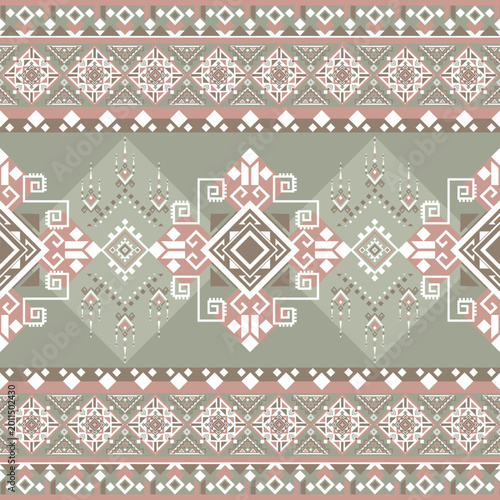 Highly detailed seamless border with ornate ethnic medallions in sage and cream. Traditional folk art style for luxury textiles and premium wrapping paper.
