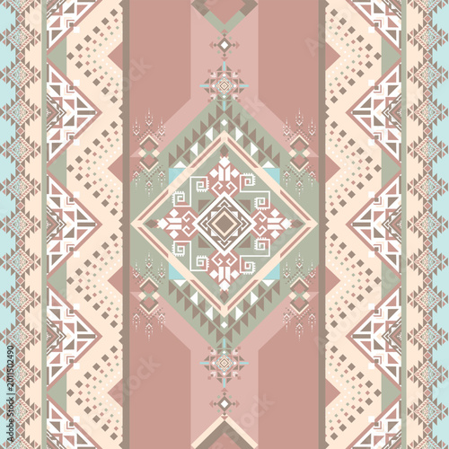Sophisticated vertical seamless pattern with dusty rose and beige geometric motifs. Unique ethnic medallion design for feminine fashion and boho home decor.