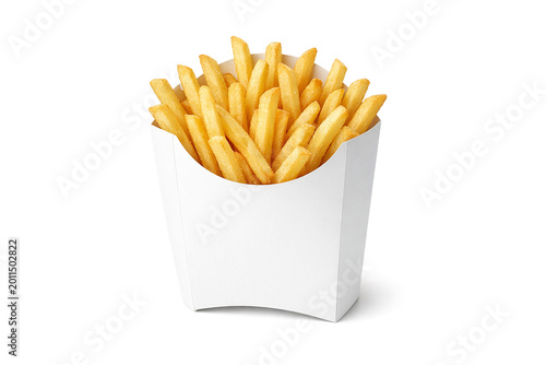 Golden French fries in a white paper container. Fries are crispy and neatly arranged. Clean background with soft shadow beneath. Ideal for fast food, casual dining, or snack themes
