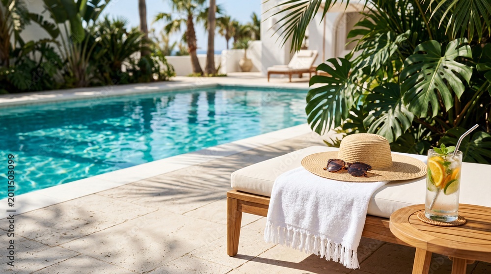 Obraz premium Elegant summer swimming pool with lounge chair and clear turquoise water in a luxury tropical resort