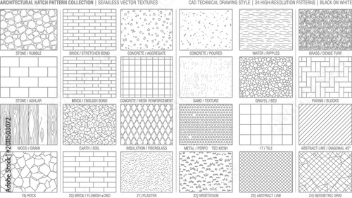Architectural hatch pattern collection containing twenty four high resolution seamless vector textures in cad technical drawing style on white background