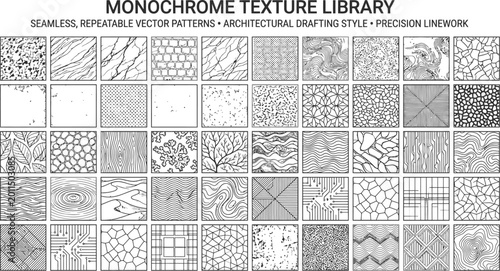 Monochrome texture library featuring seamless repeatable vector patterns for architectural drafting and precision linework design projects in professional cad software