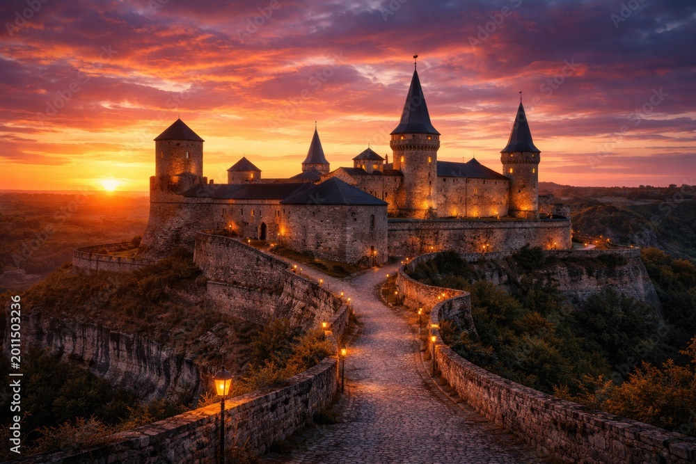 Obraz premium Historic fortress basking in radiant sunset colors with peaceful sky