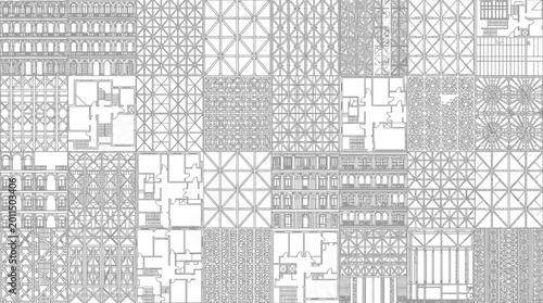 Foto Technical architectural drawing collection featuring complex structural framing