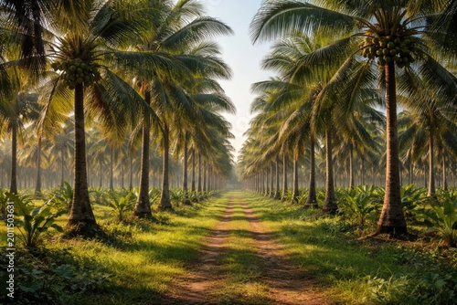 Rows of tall coconut palms in a healthy plantation
