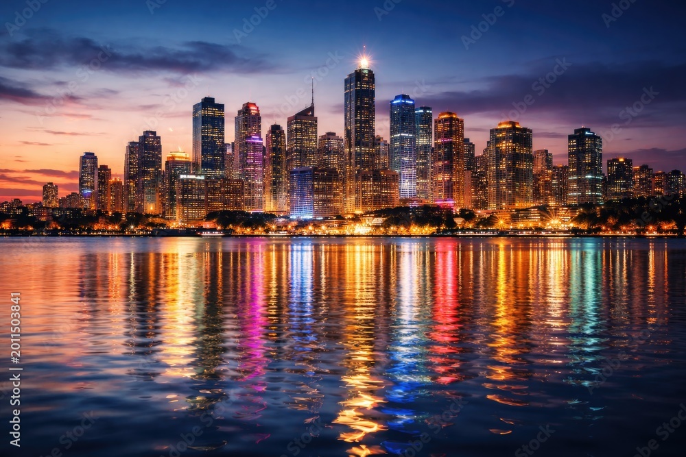 Obraz premium Shimmering cityscape colors on peaceful water