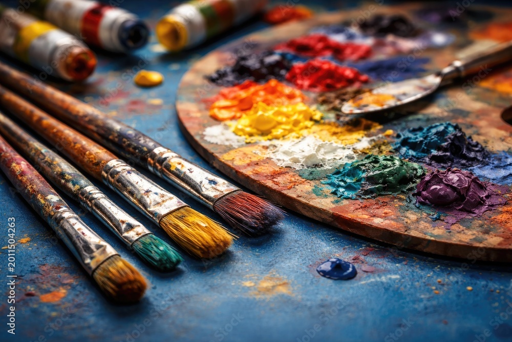 Obraz premium Macro image featuring paint brushes and palette positioned on a solid blue table