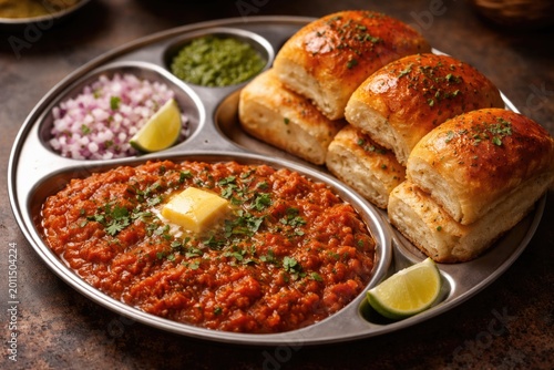 Savory Pav Bhaji plate with buttery bread and sliced onions