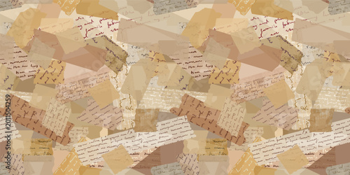 Vintage overlapping paper scraps with handwriting collage seamless vector pattern, Aged torn washi tape with cursive text distressed scrapbook background