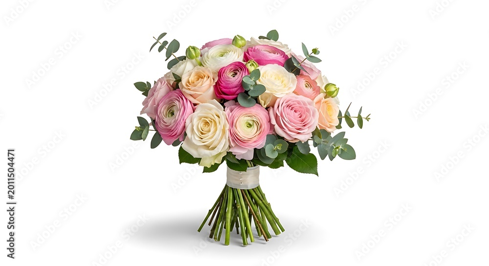Fototapeta premium Beautiful bouquet of pink and white roses with green leaves isolated on white background