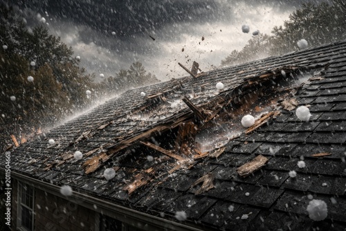 Strong hailstorm causing roof damage and debris
