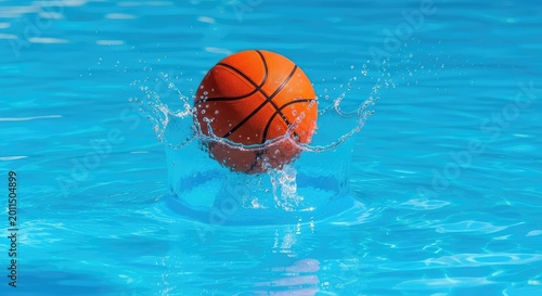 A classic orange basketball hits the surface of a bright blue swimming pool, creating a massive, energetic splash under the warm summer sun, splash, surface, wallpaper