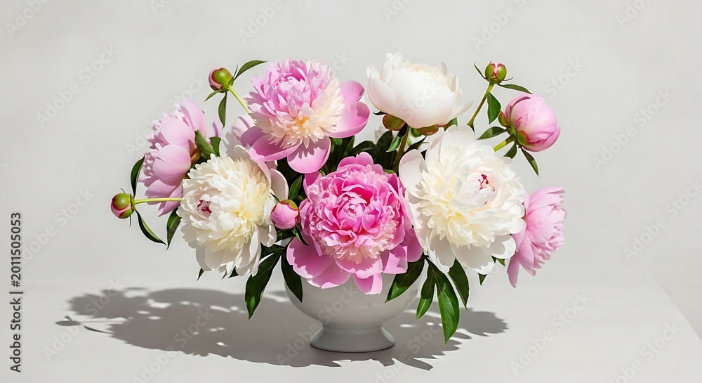 Obraz premium Beautiful bouquet of pink and white peonies in a white vase on a light gray background